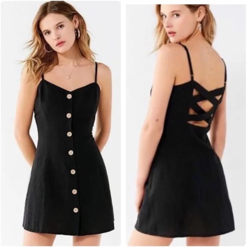 Button-up Mini Cross Back Linen Dress Urban Outfitters M